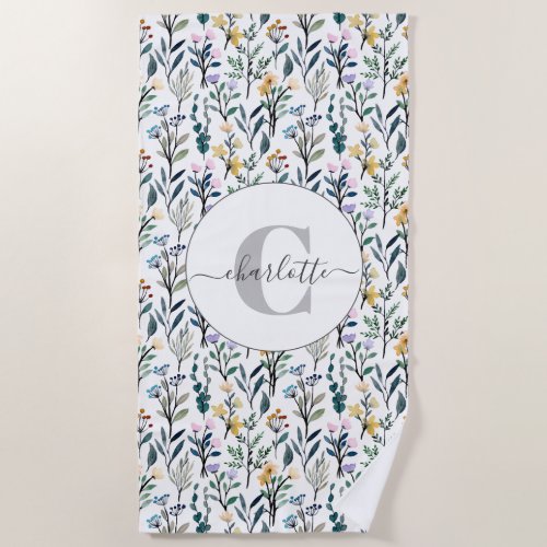 Boho Watercolor Wildflowers Pattern Monogram Name  Beach Towel