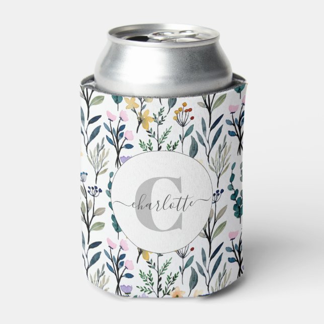 Boho Watercolor Wildflowers Pattern Monogram Name  Can Cooler (Can Front)