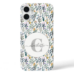 Boho Watercolor Wildflowers Pattern Monogram Name  iPhone 16 Plus Case