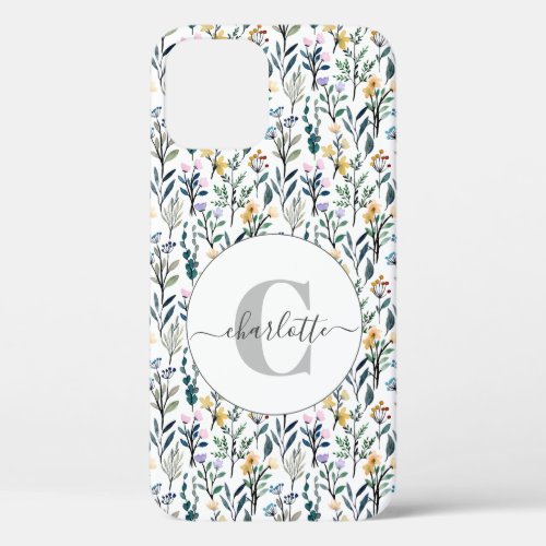 Boho Watercolor Wildflowers Pattern Monogram Name  iPhone 12 Case