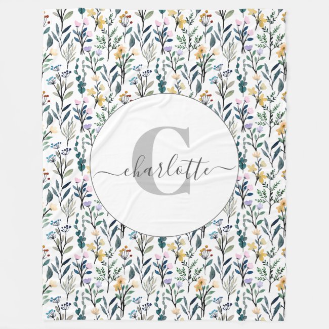 Boho Watercolor Wildflowers Pattern Monogram Name  Fleece Blanket