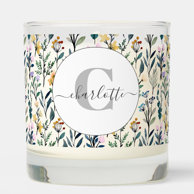 Boho Watercolor Wildflowers Pattern Monogram Name  Scented Candle (Front)