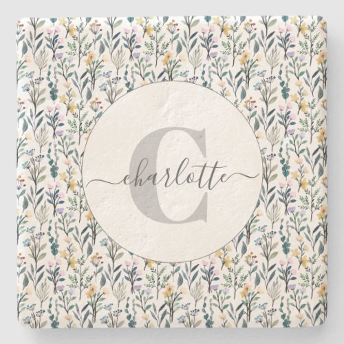 Boho Watercolor Wildflowers Pattern Monogram Name  Stone Coaster