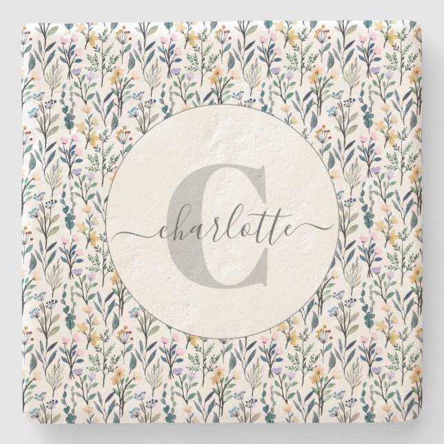 Boho Watercolor Wildflowers Pattern Monogram Name  Stone Coaster (Front)