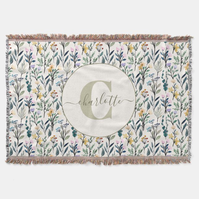 Boho Watercolor Wildflowers Pattern Monogram Name  Throw Blanket (Front)