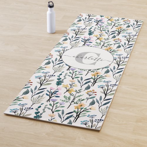 Boho Watercolor Wildflowers Pattern Monogram Name Yoga Mat