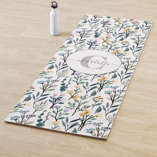 Boho Watercolor Wildflowers Pattern Monogram Name Yoga Mat
