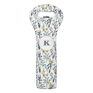Boho Watercolor Wildflowers Pattern Monogram Wine Bag
