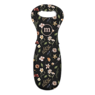 Boho Watercolor Wildflowers Pattern Monogrammed Wine Bag