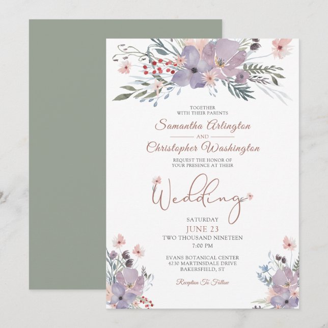 Boho Watercolor Wildflowers Violet Green Wedding Invitation (Front/Back)