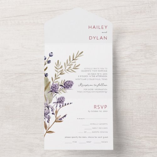 Boho Watercolor Wildflowers Wedding All In One Invitation