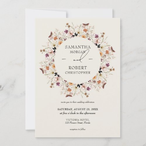 Boho watercolor wildflowers wreath fall earthy invitation