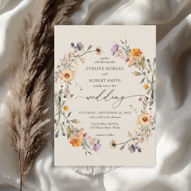 Boho watercolor wildflowers wreath fall earthy invitation (Boho watercolor wildflowers wreath fall earthy invitation)