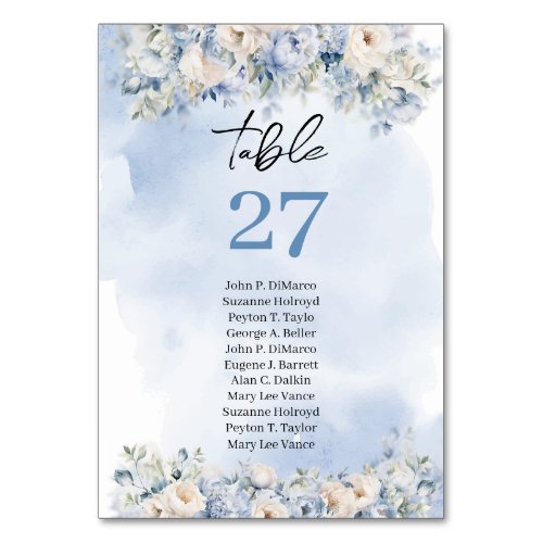 Boho watercolor winter blue flowers ivory wedding table number