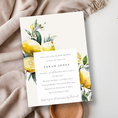 Boho Watercolor Yellow Lemon Garden Baby Shower Invitation