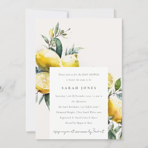 Boho Watercolor Yellow Lemon Garden Baby Shower Invitation