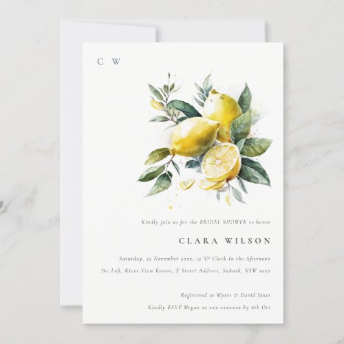 Boho Watercolor Yellow Lemon Garden Bridal Shower Invitation
