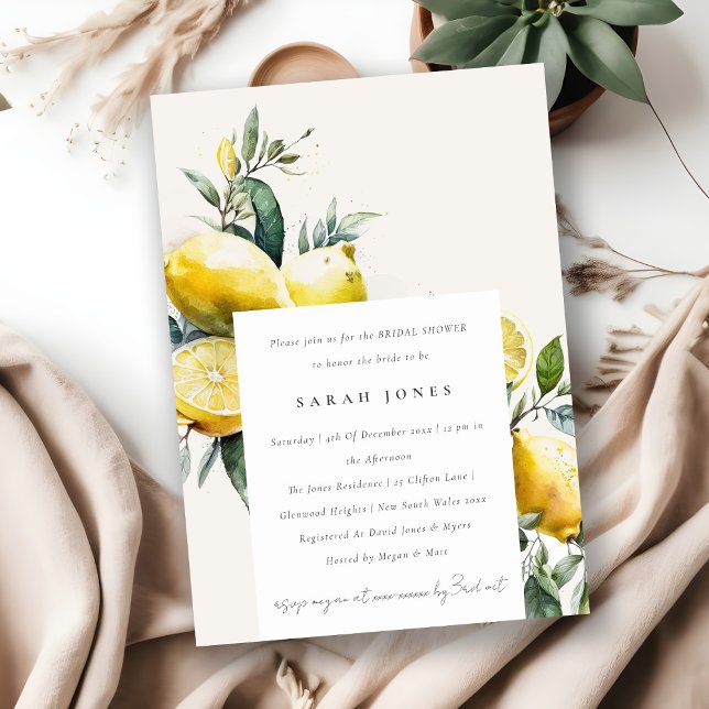 Boho Watercolor Yellow Lemon Garden Bridal Shower Invitation (Creator Uploaded)