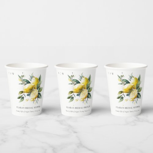 Boho Watercolor Yellow Lemon Garden Bridal Shower Paper Cups