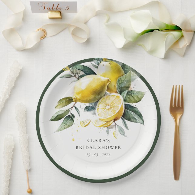 Boho Watercolor Yellow Lemon Garden Bridal Shower Paper Plates (Wedding)