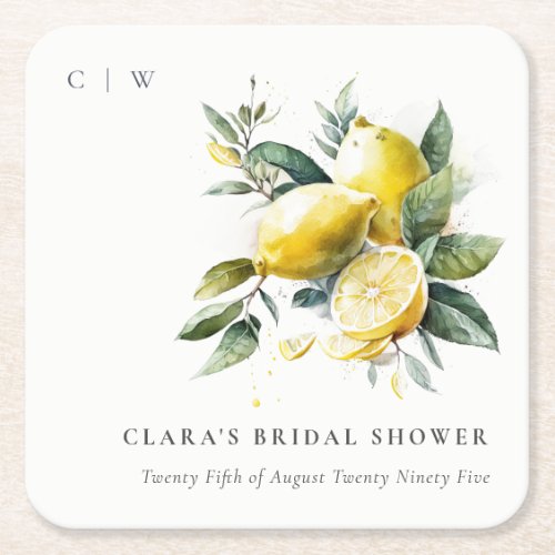 Boho Watercolor Yellow Lemon Garden Bridal Shower Square Paper Coaster
