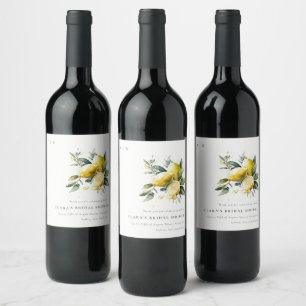 Boho Watercolor Yellow Lemon Garden Bridal Shower Wine Label