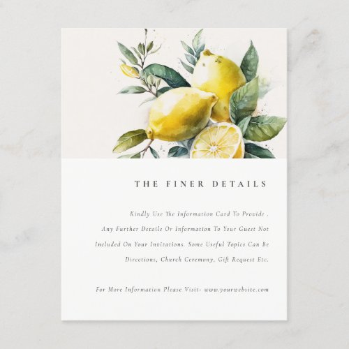 Boho Watercolor Yellow Lemon Garden Wedding Detail Enclosure Card