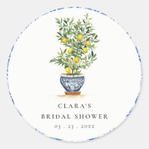 Boho Watercolor Yellow Lemon Tree Bridal Shower Classic Round Sticker
