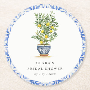 Boho Watercolor Yellow Lemon Tree Bridal Shower Round Paper Coaster