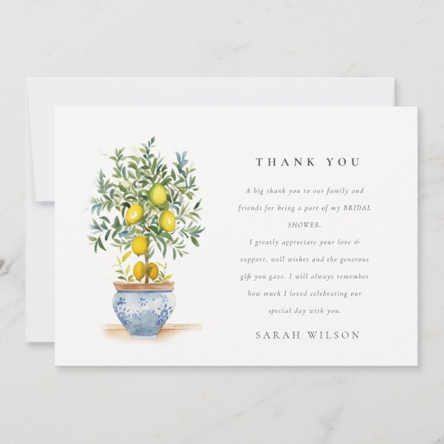 Boho Watercolor Yellow Lemon Tree Bridal Shower Thank You Card (Front)