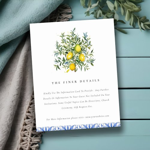 Boho Watercolor Yellow Lemon Tree Wedding Details Enclosure Card