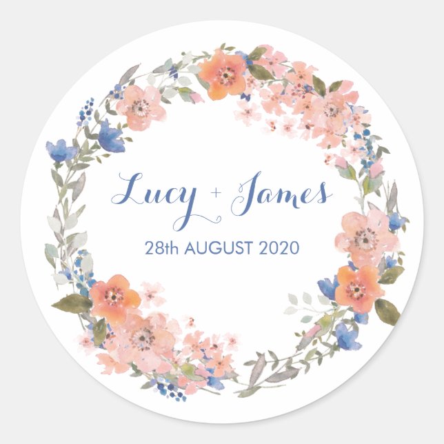 Boho Watercolour Floral Wreath Wedding Stickers (Front)