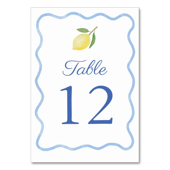 Boho Wavy Blue Border Citrus Lemon Wedding Table Number (Front)