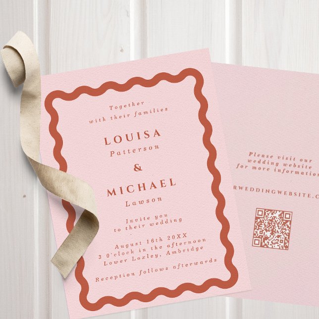 Boho Wavy Blush & Terracotta QR Code Wedding  Invitation (Creator Uploaded)