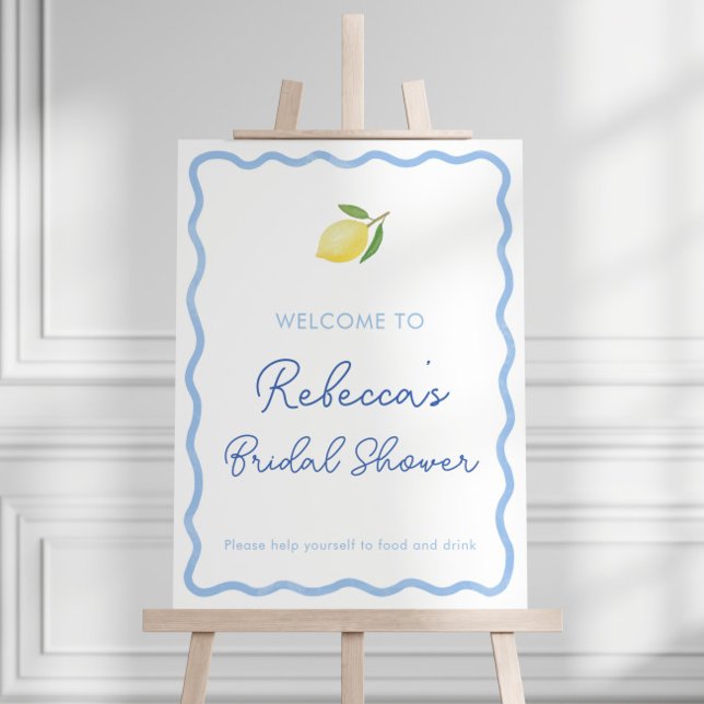 Boho Wavy Border Citrus Bridal Shower Welcome Sign (Modern light blue wavy border citrus bridal shower invitation with lemon)