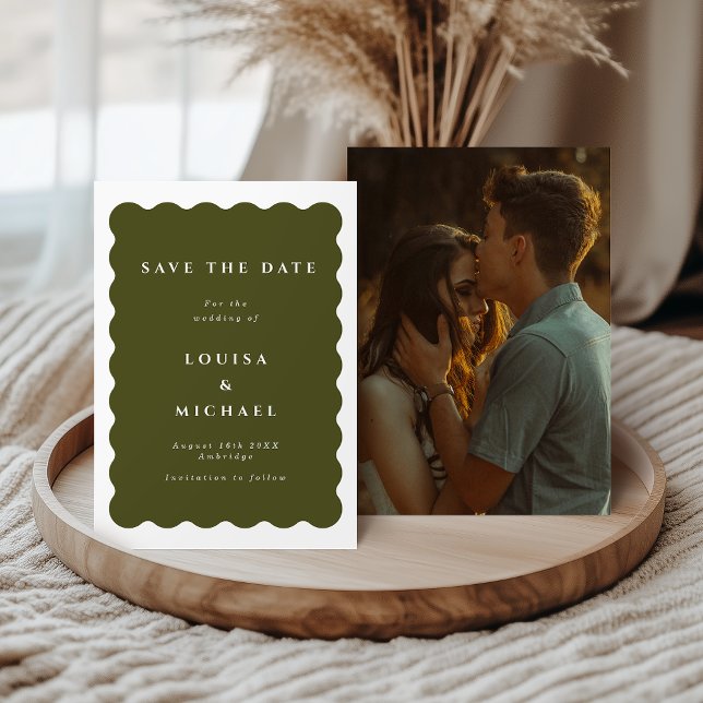 Boho Wavy Border Green Photo Wedding Save The Date (Creator Uploaded)