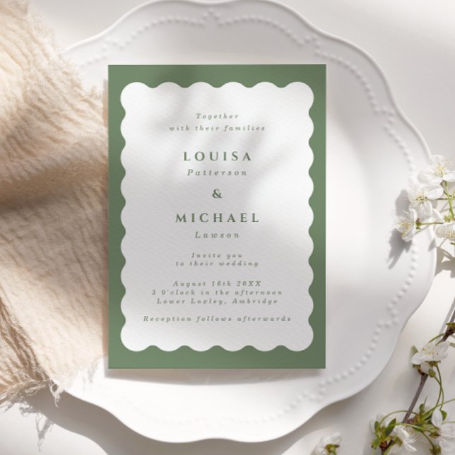 Boho Wavy Border Green & White Wedding Invitation (Creator Uploaded)