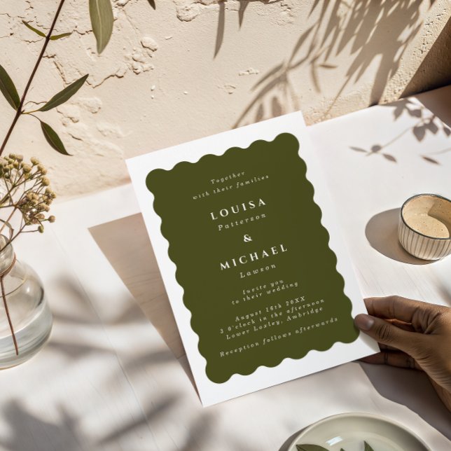 Boho Wavy Border Olive Green & White Wedding Invitation (Creator Uploaded)