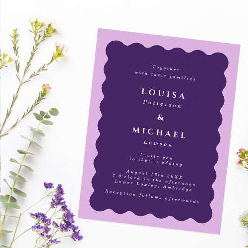Boho Wavy Border Purple  Lilac Wedding Invitation