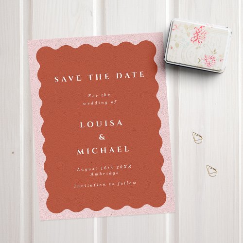 Boho Wavy Border Terracotta  Blush Wedding Save The Date