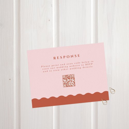 Boho Wavy Edge Terracotta  Blush QR Code Wedding  RSVP Card