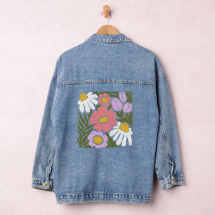 Boho Wavy Flower Design Denim Jacket