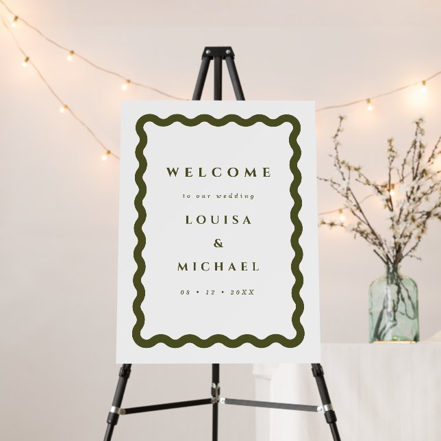 Boho Wavy Frame Green & White Wedding Welcome Foam Board (In Situ (Stand))