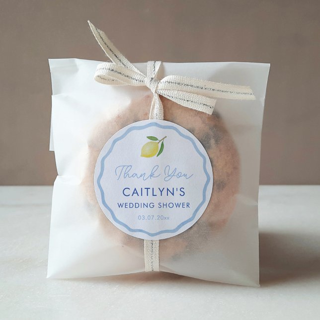 Boho Wavy Line Citrus Lemon Wedding Shower Favor Classic Round Sticker (Boho pale blue wavy border with watercolor lemon circular favor thank you sticker)