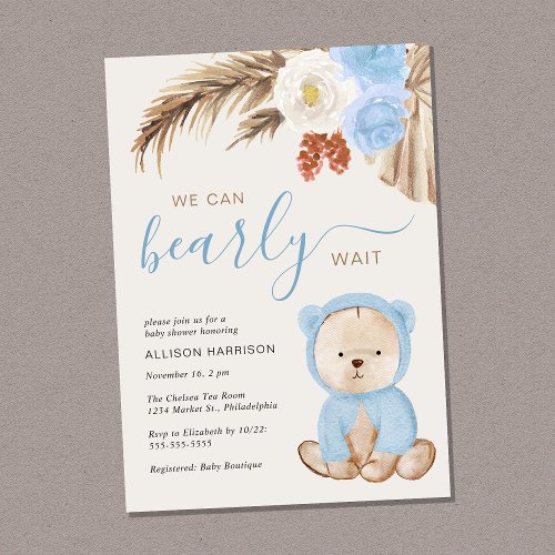 Boho We Can Bearly Wait Baby Boy Shower Invitation