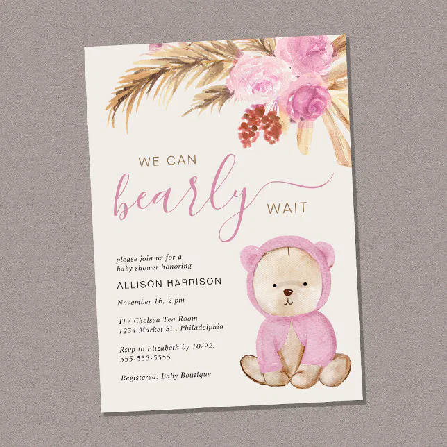 Boho We Can Bearly Wait Baby Girl Shower Invitation | Zazzle