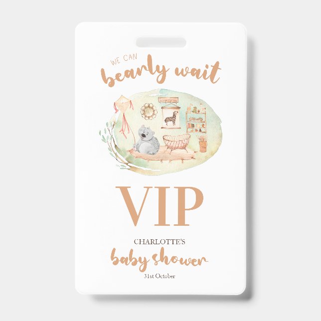 Boho We Can Bearly Wait Baby Shower Badge (Front)