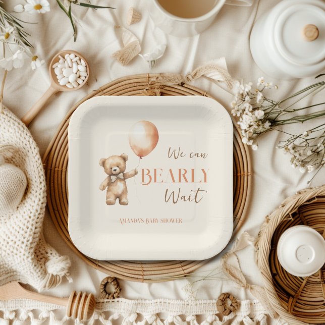 Boho We Can Bearly Wait Beige Bear Baby Shower Paper Plates (Creator Uploaded)