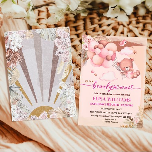 Boho We can Bearly Wait Girl Baby Shower Invitation