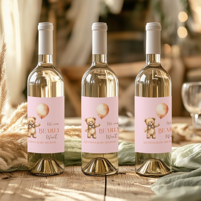 Boho We Can Beary Wait Pink Bear Girl Baby Shower Wine Label (Creator Uploaded)